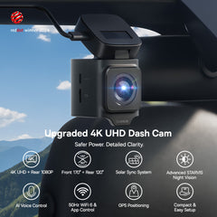 4K UHD dash cam mounted inside a vehicle with promotional text and features listed.