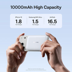 Person holding a phone with 10000mAh high capacity label and comparison to iPhone 16, Samsung S25 Ultra, and AirPods.