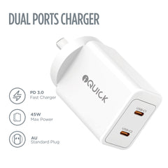 iQuick GaN II 45W Dual-USB-C Fast Charger | USB-C PD 3.0 2-Port (White)