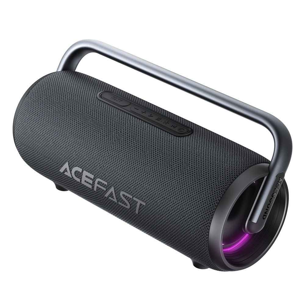Black portable speaker with handle and visible brand name on a white background