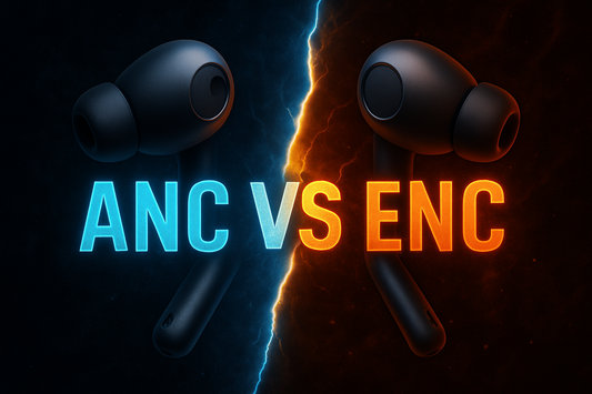 Futuristic visual comparing ANC active noise cancellation and ENC environmental noise cancellation with wireless earbuds