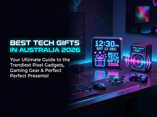 Best tech gifts in Australia 2026 with Divoom pixel display, LED clock speaker and aesthetic gaming desk setup with neon lights
