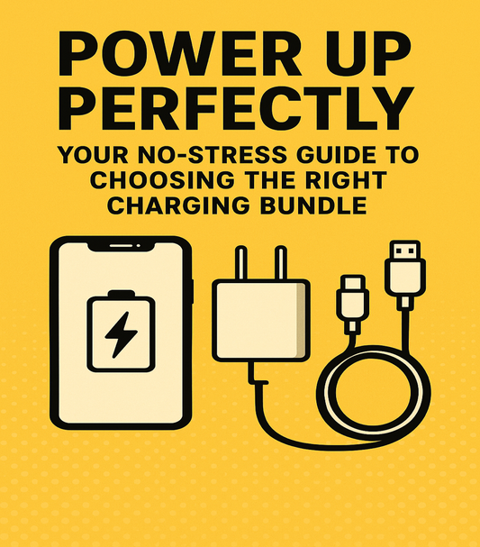 Modern charging bundle illustration with smartphone, PD fast charger, and USB cable on yellow background – Power Up Perfectly guide for choosing the right charging set.