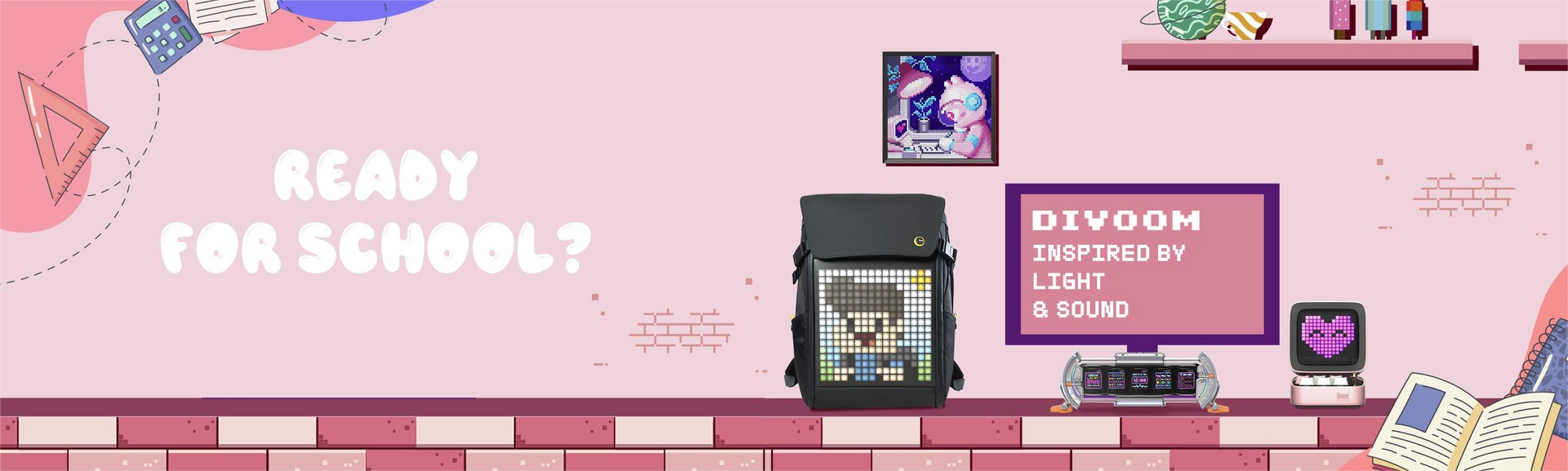 Divoom Christmas banner with festive lights, gingerbread cookies, wooden background and holiday greenery—perfect for promoting Divoom speakers and pixel art gadgets.