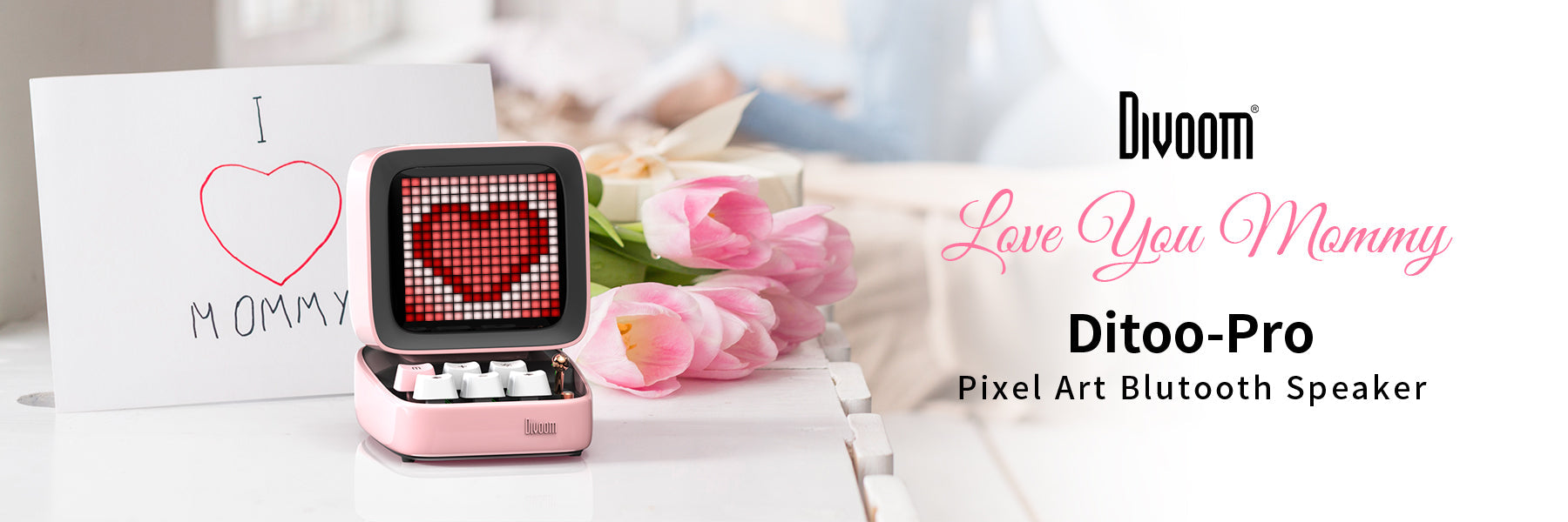 Valentine’s Day banner featuring pixel-style tech gifts from 2-Lazy Tech, including a smart backpack and digital accessories on a pink love-themed background.