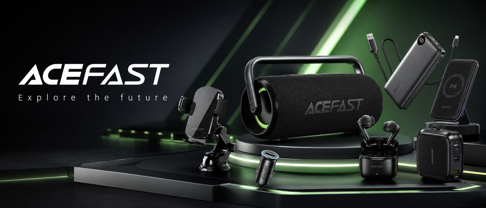 ACEFAST technology accessories homepage banner featuring wireless earbuds, portable speaker, phone holder, charger and power bank with futuristic green lighting and the tagline Explore the Future.