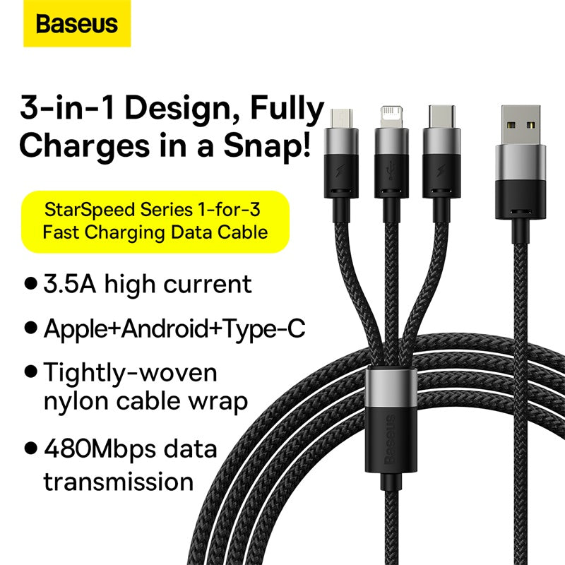 Baseus 3 in 1 USB-A to C+L+M Charing Cable 1.2M