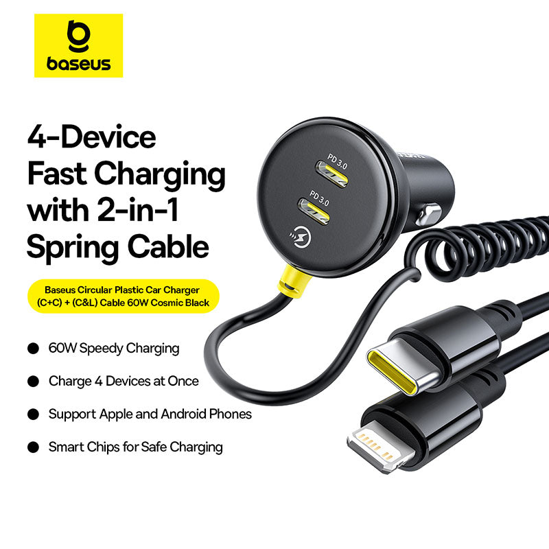 Baseus 4-in-1 90W Multi-Port Car Charger (Triple Type-C + Lightning | PD QC Fast Charging Adapter)