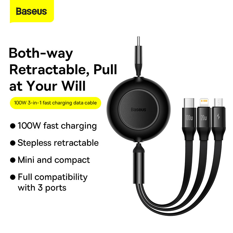 Baseus Bright Mirror 2 Series Retractable 3-in-1 Fast Charging  Data Cable  Black