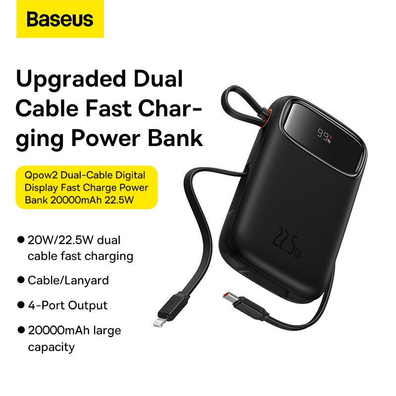 Baseus Qpow2 20K 22.5W Dual-Cable Digital Display 3-Port Power Bank