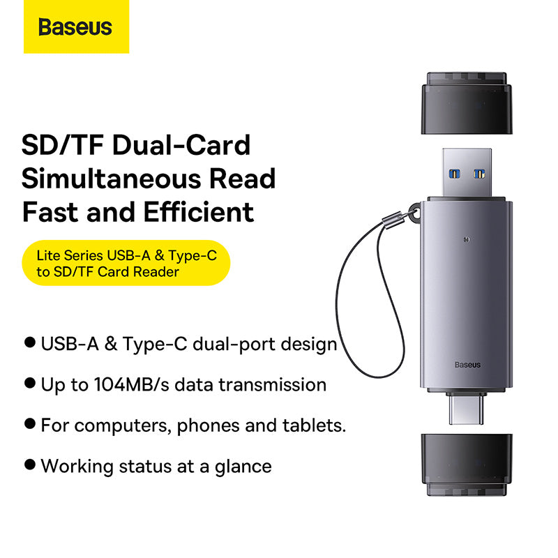 Baseus Lite Series USB-A & Type-C to SD/TF Card Reader -Dark Gray