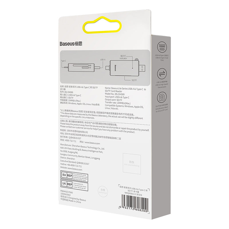 Baseus Lite Series USB-A & Type-C to SD/TF Card Reader -Dark Gray
