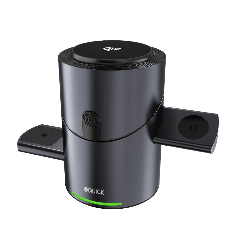 Black quick charger with green indicator on a white background