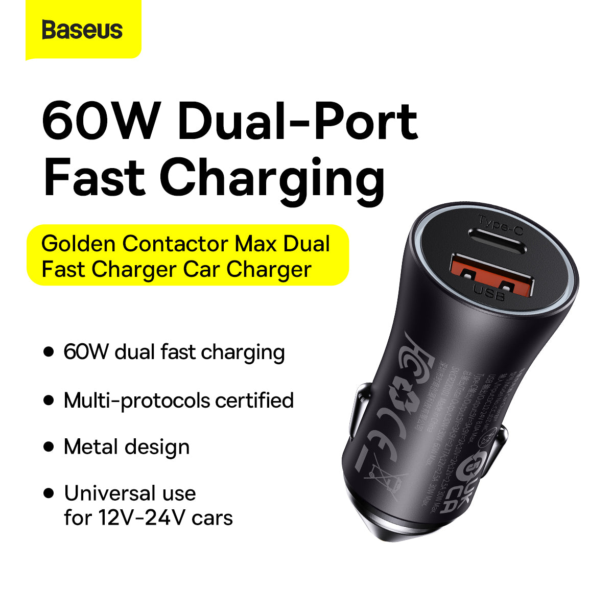 Baseus Golden Contactor Max 60W USB-C + USB-A Dual-Port Car Charger