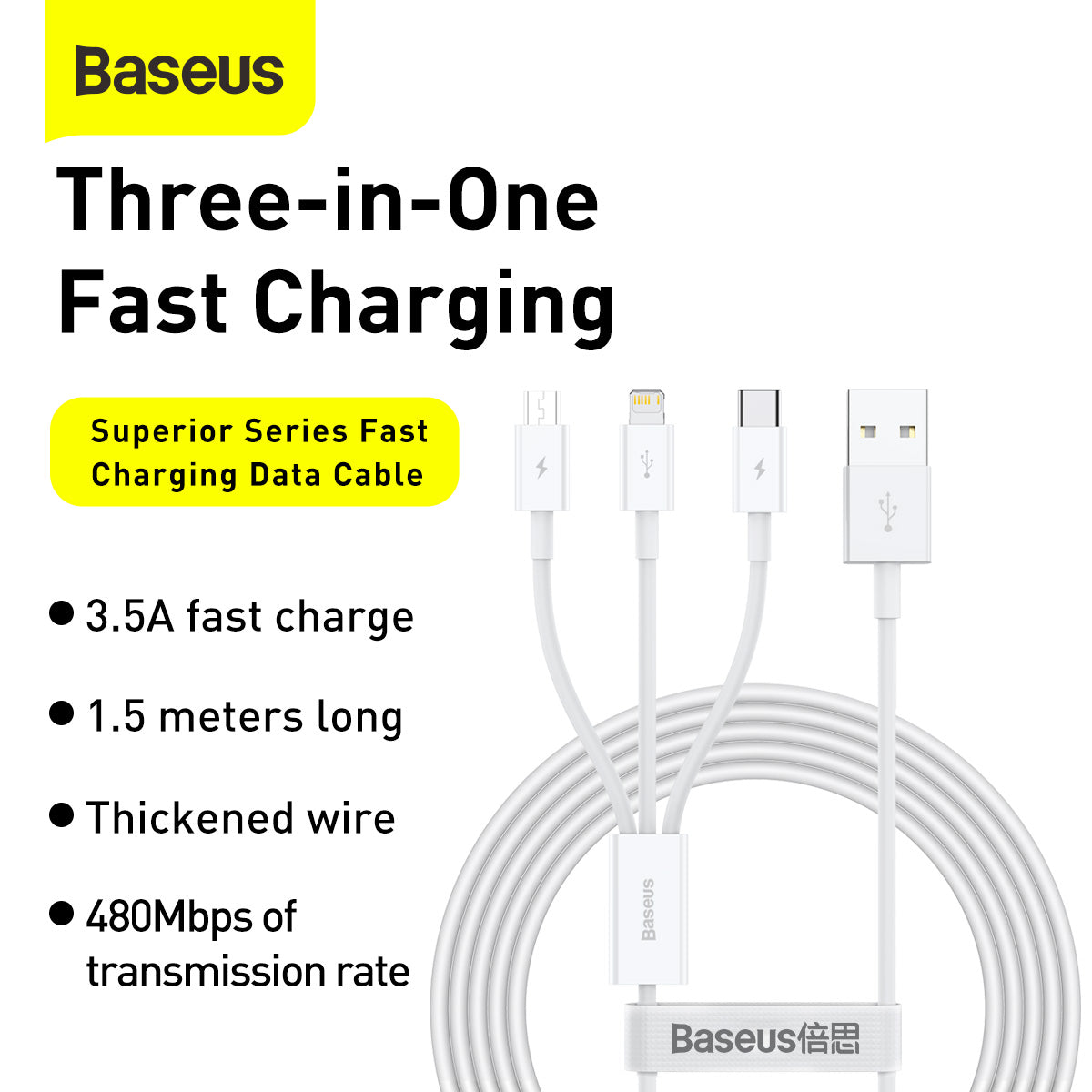 Baseus Superior Series USB-A to M+L+C Charging Cable White