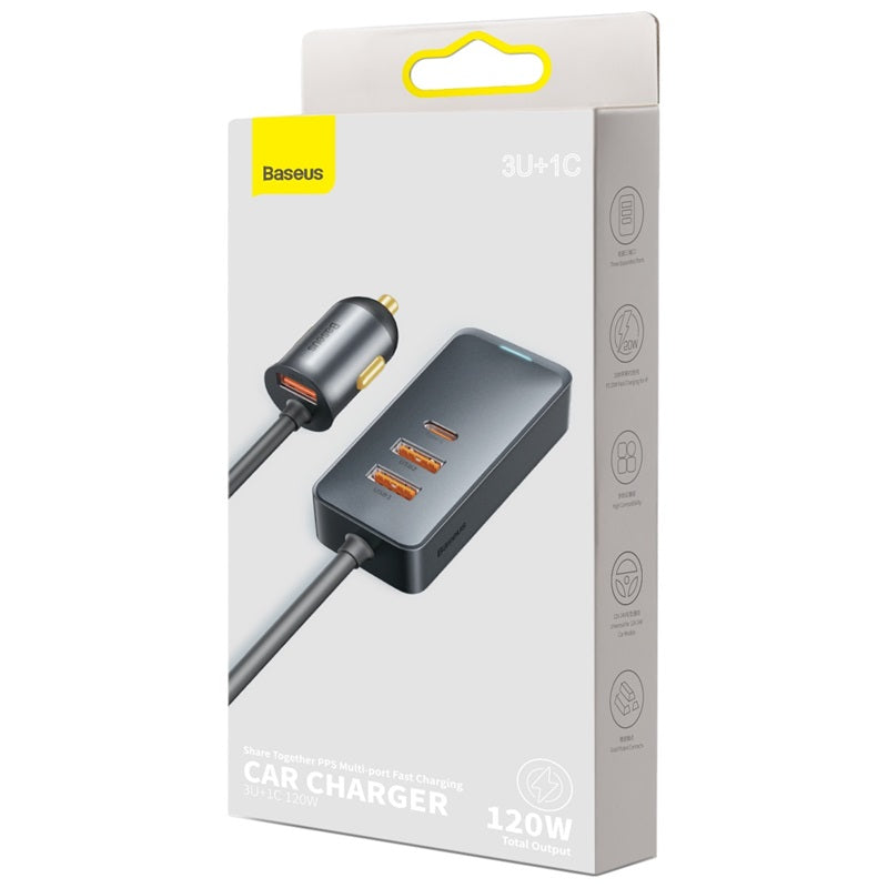 Baseus Share Together PPS Multi-port Fast Charging Car Charger with Extension Cord 120W 3U+1C-Gray