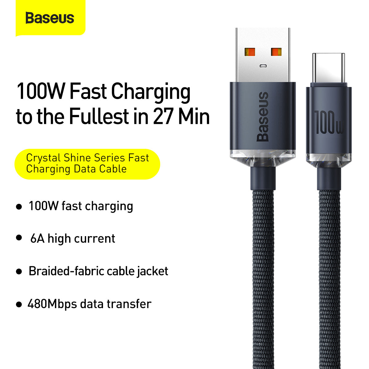 Baseus Crystal Shine Series USB-A to Type-C Charging Cable 100W 2M Black