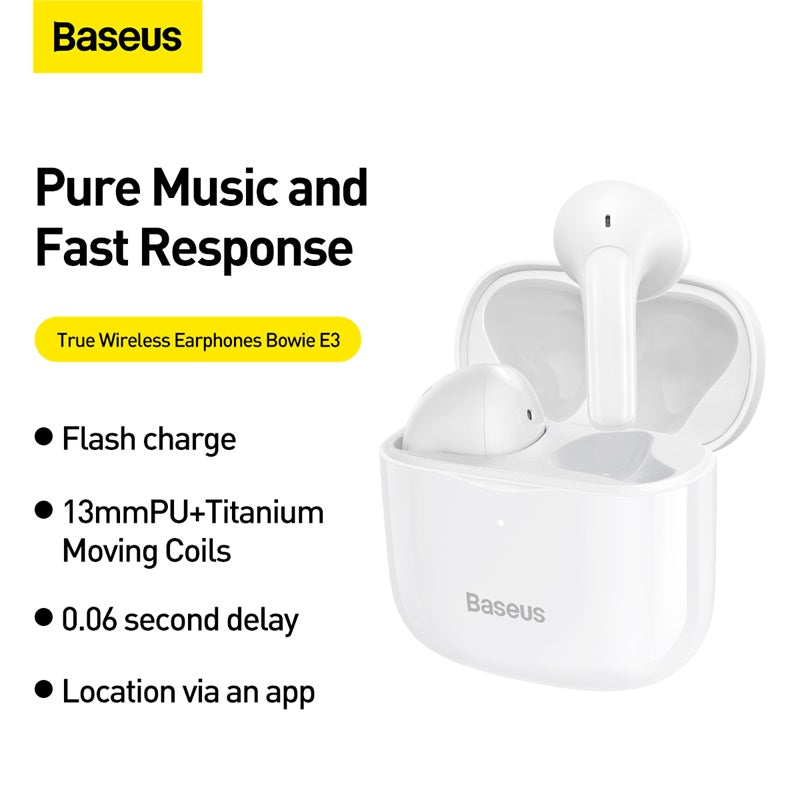 Baseus E3 Wireless Bluetooth 5.0 TWS Earbuds Earphones Waterproof IP64-White