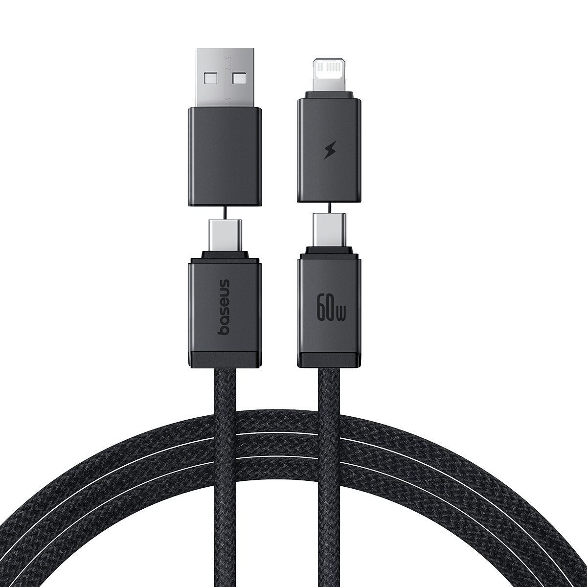 Baseus Versatile Two-for-Two 4-in-1 Fast-Charging Cable | USB-A & USB-C to USB-C & Lightning | PD 60W (1 m / 2 m, Cosmic Black)