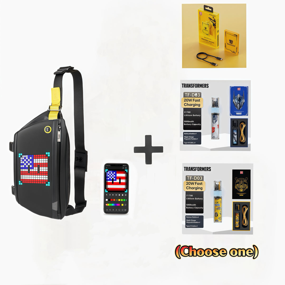 Bundle Set Box：Divoom Sling Bag Pixel Art LED Daypack + Transformers TF-D05 Power Bank Set