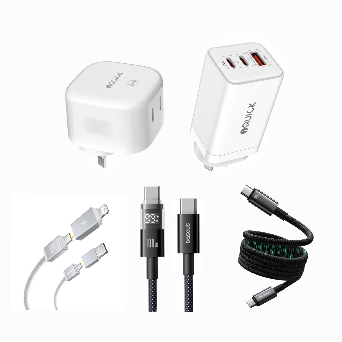iQuick 100W 4-Port Charger Power Strip + Baseus Fast Charging Cable Set | SuperCharge Power Station Bundle