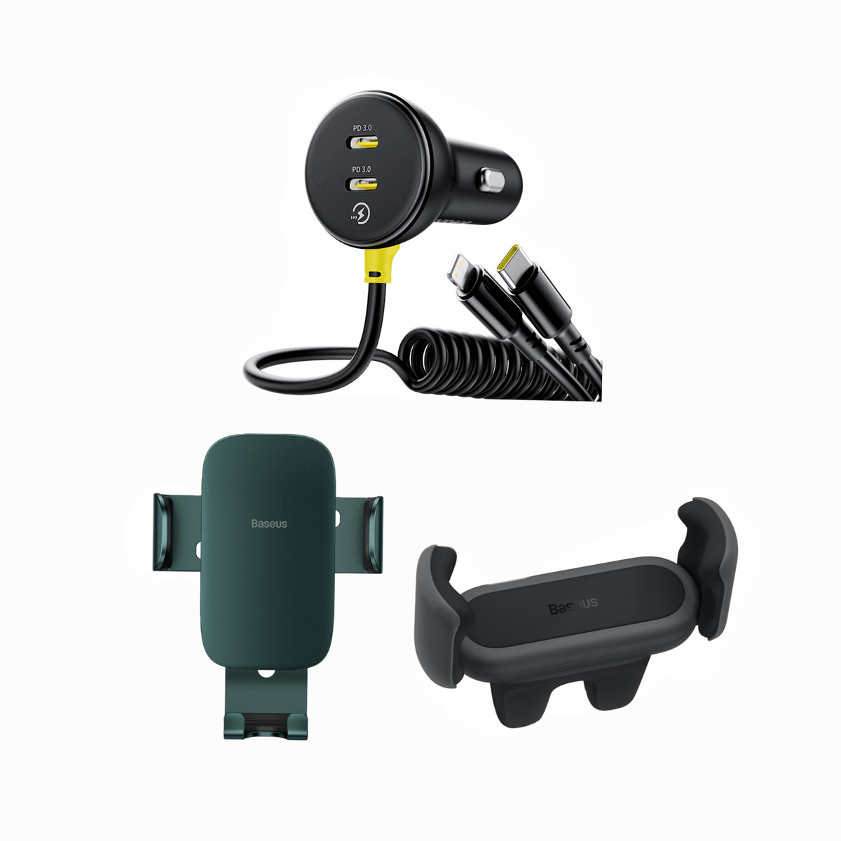 Baseus Gravity + Steel Cannon Mounts + 60W Car Charger + Retractable Cable | Smart Drive Essentials Bundle