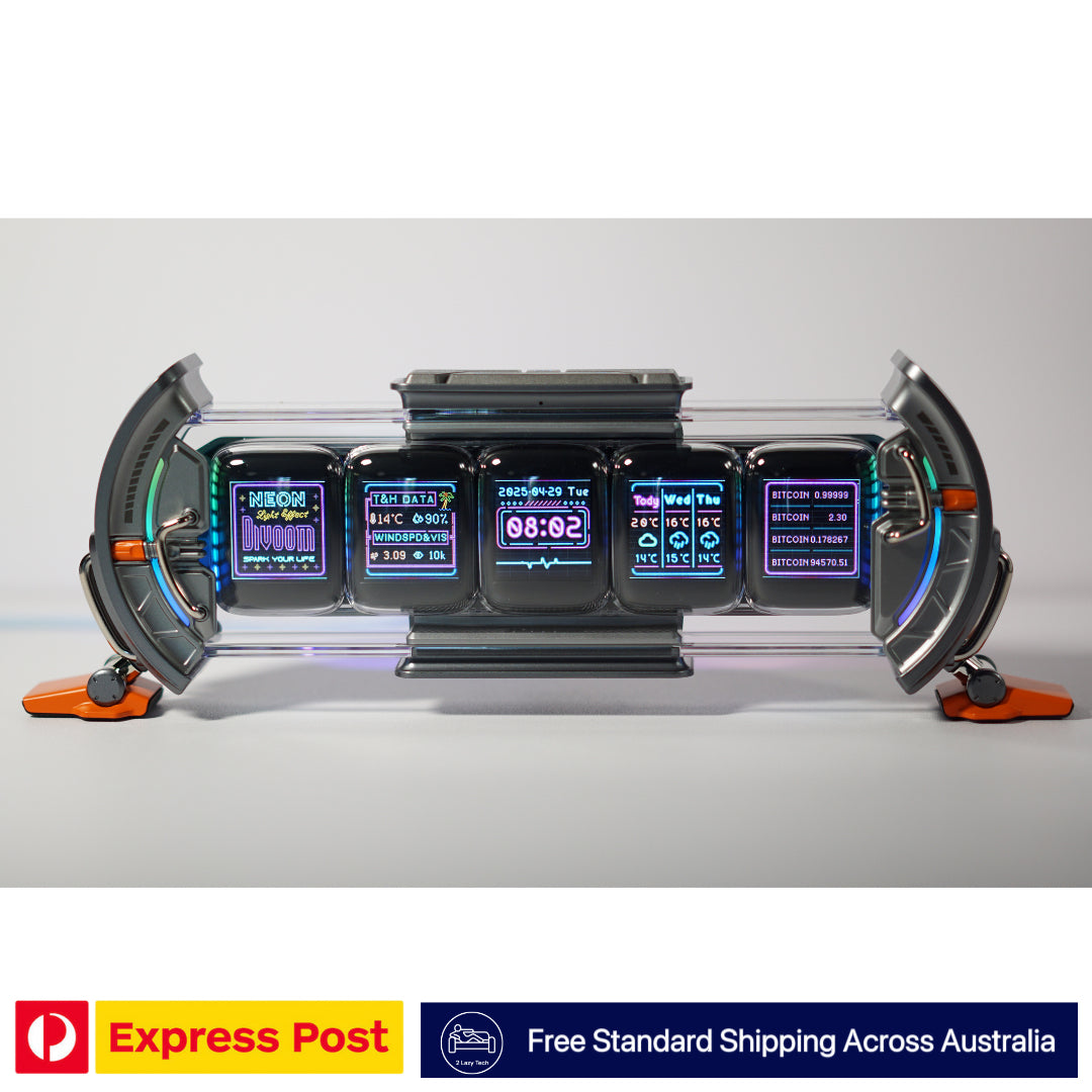 Futuristic digital display with multiple screens on a gray background, featuring Express Post branding.