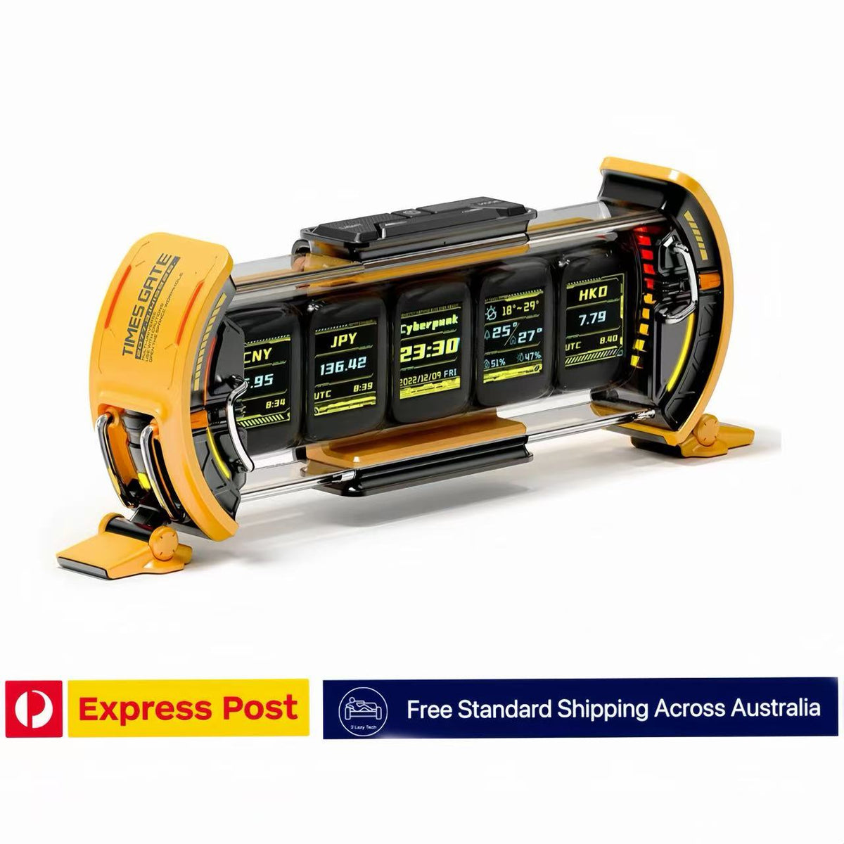 Digital clock with multiple display screens on a white background, featuring Express Post branding.