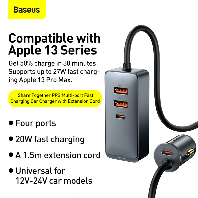 Baseus Share Together PPS Multi-port Fast Charging Car Charger with Extension Cord 120W 2U+2C-Gray