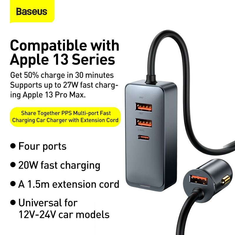 Baseus Share Together PPS Multi-port Fast Charging Car Charger with Extension Cord 120W 3U+1C-Gray