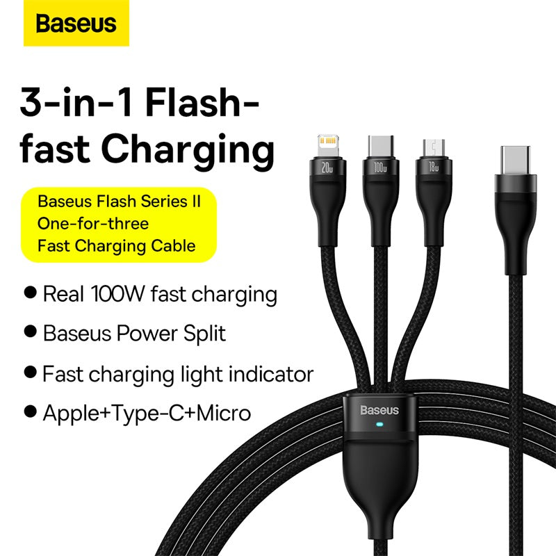 Baseus Flash Series Ⅱ One-for-three Fast Charging Cable Black