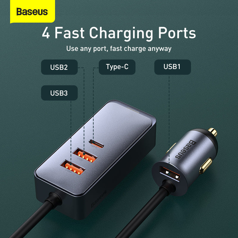 Baseus Share Together PPS Multi-port Fast Charging Car Charger with Extension Cord 120W 3U+1C-Gray