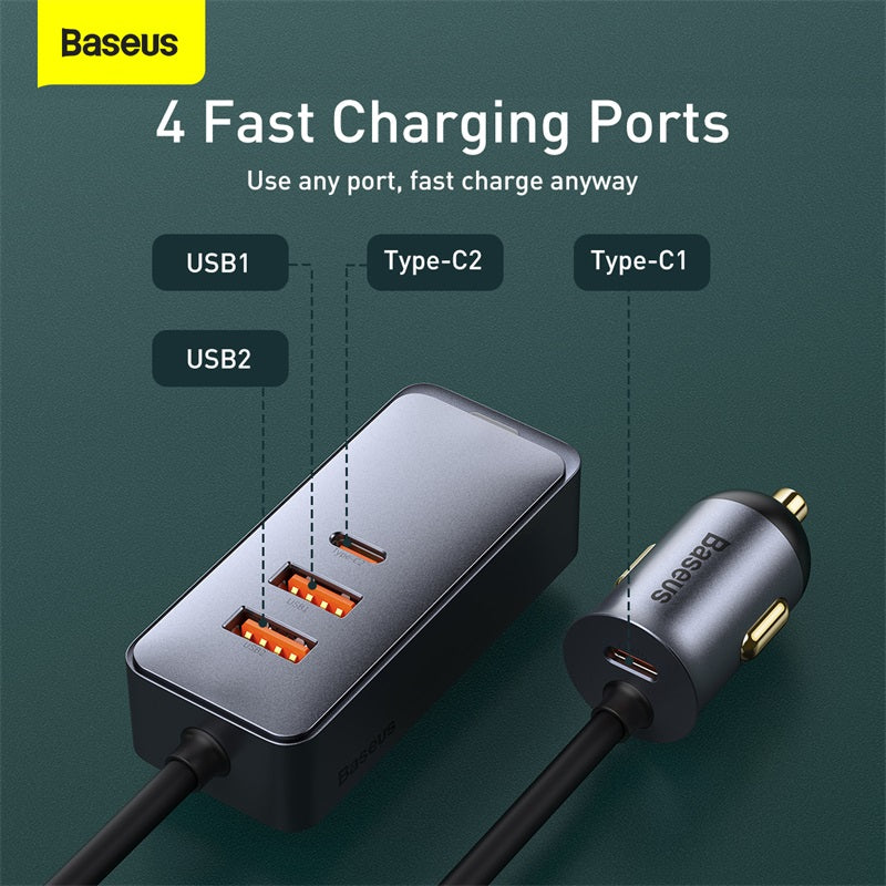 Baseus Share Together PPS Multi-port Fast Charging Car Charger with Extension Cord 120W 2U+2C-Gray