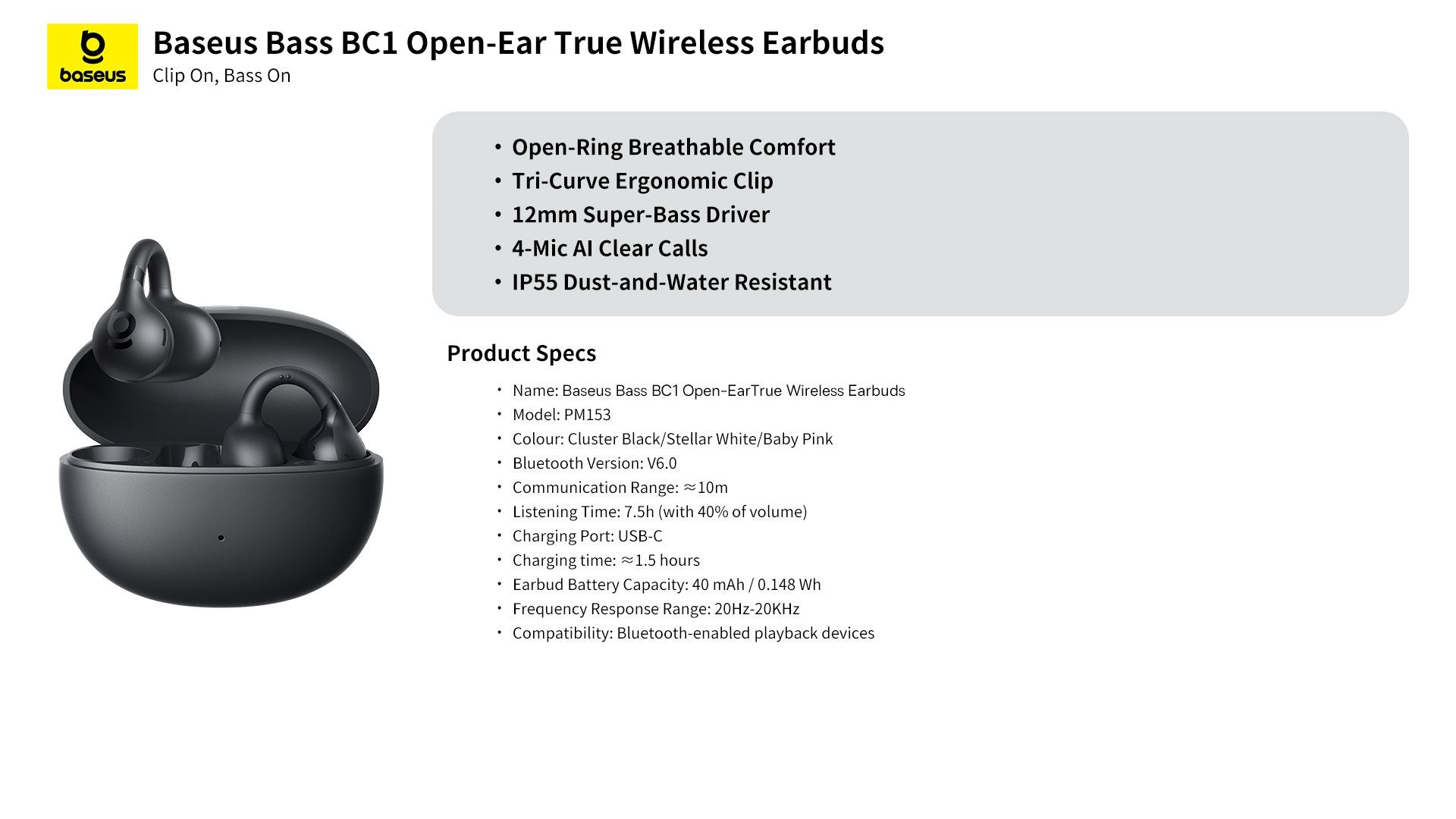 Baseus Open-Ear BC1 TWS Earbuds (Bluetooth 6.0)