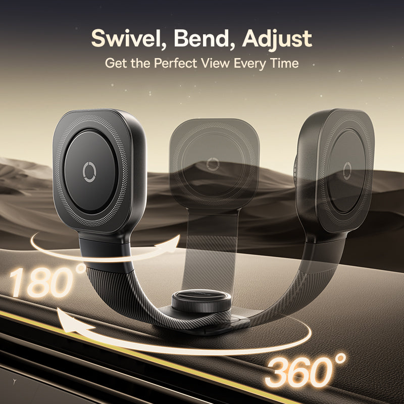 Flexible phone holder with swivel, bend, and adjust features on a car dashboard background.