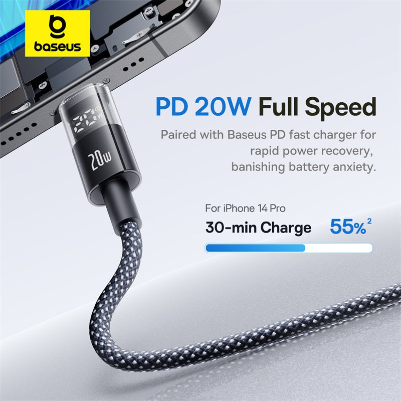 Baseus Display 2 20W Fast-Charging USB-C to iPhone Cable with Digital Display (1 m&2m, Cosmic Black & White)