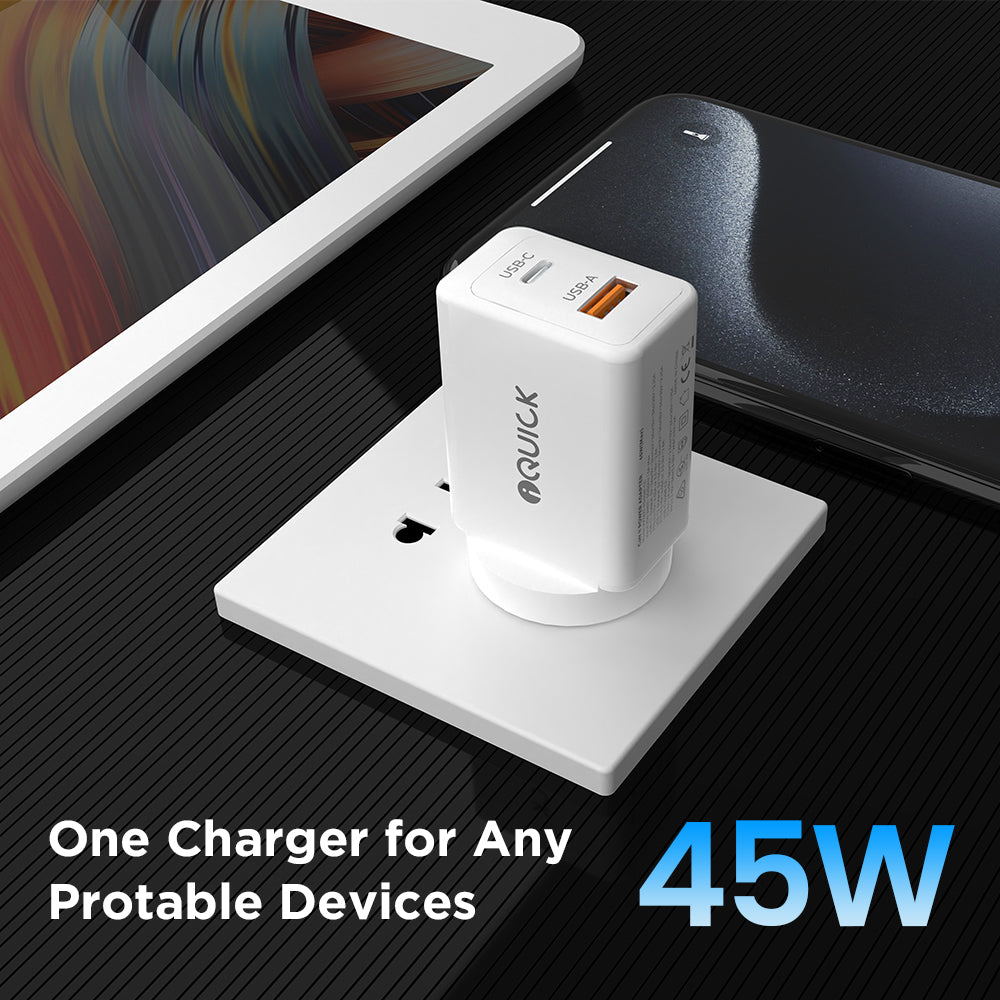 iQuick GaN II 45W Dual-Port Fast Charger | USB-C PD3.0 + USB-A QC3.0 (White)