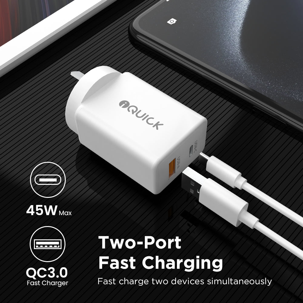 iQuick GaN II 45W Dual-Port Fast Charger | USB-C PD3.0 + USB-A QC3.0 (White)