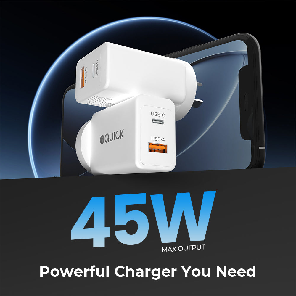 iQuick GaN II 45W Dual-Port Fast Charger | USB-C PD3.0 + USB-A QC3.0 (White)
