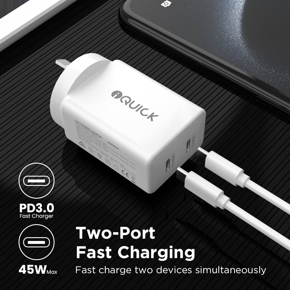 iQuick GaN II 45W Dual-USB-C Fast Charger | USB-C PD 3.0 2-Port (White)