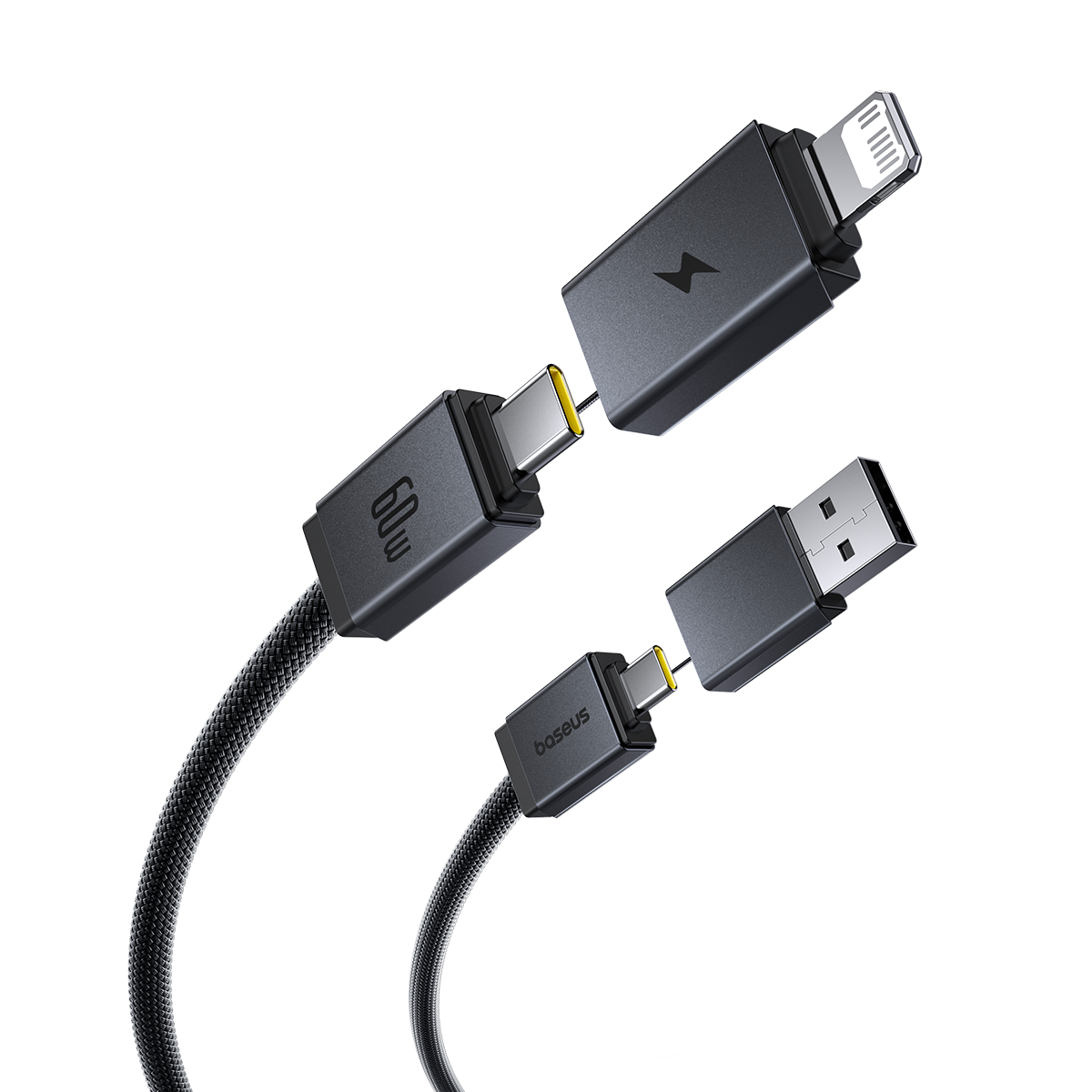 Baseus Versatile Two-for-Two 4-in-1 Fast-Charging Cable | USB-A & USB-C to USB-C & Lightning | PD 60W (1 m / 2 m, Cosmic Black)