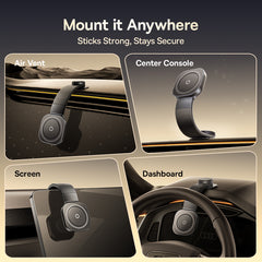 Car mount product demonstrating its versatility on air vent, center console, screen, and dashboard.