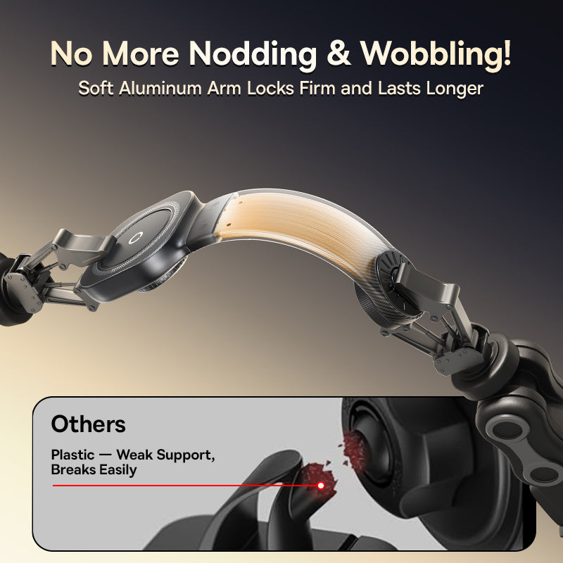Product showing a soft aluminum arm with text about improved stability compared to plastic arms.