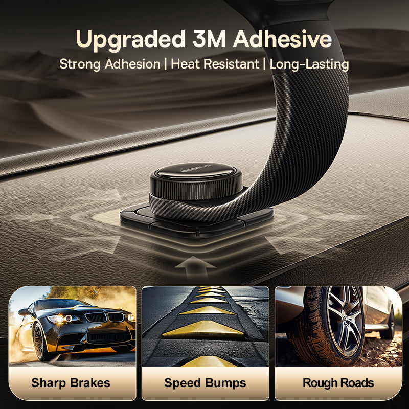 Car dashboard with a black adhesive strip labeled 'Upgraded 3M Adhesive' with features 'Strong Adhesion', 'Heat Resistant', and 'Long-Lasting'.