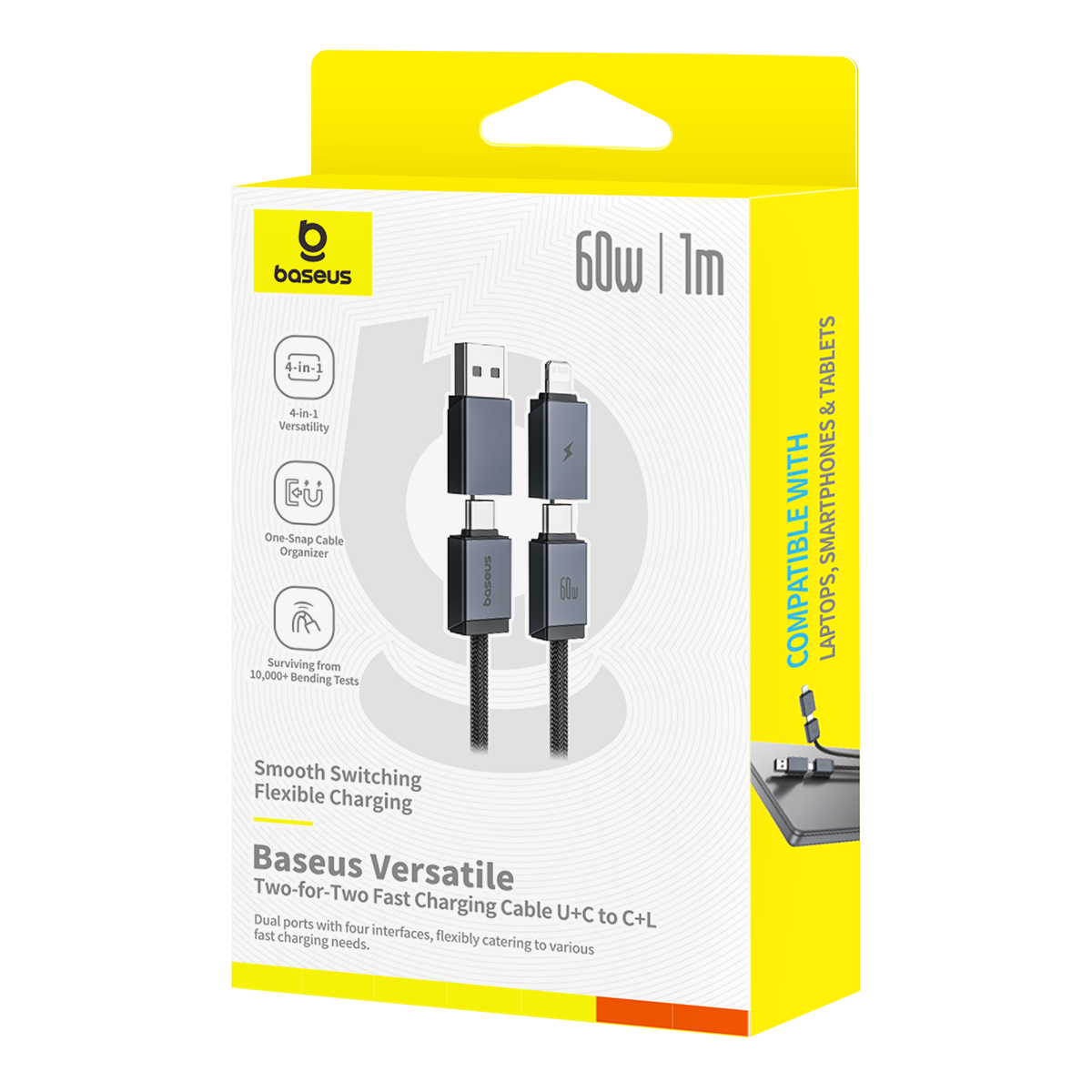 Baseus Versatile Two-for-Two 4-in-1 Fast-Charging Cable | USB-A & USB-C to USB-C & Lightning | PD 60W (1 m / 2 m, Cosmic Black)