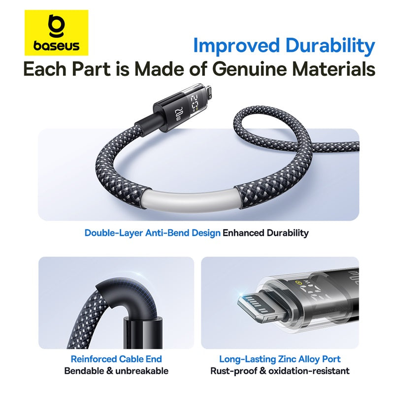 Baseus Display 2 20W Fast-Charging USB-C to iPhone Cable with Digital Display (1 m&2m, Cosmic Black & White)