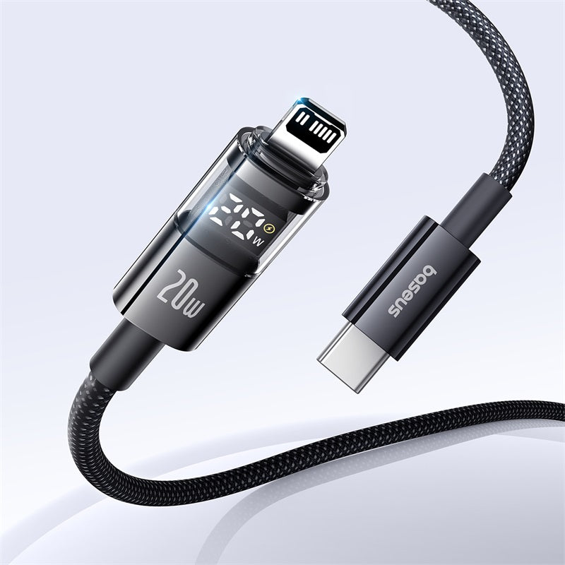 Baseus Display 2 20W Fast-Charging USB-C to iPhone Cable with Digital Display (1 m&2m, Cosmic Black & White)