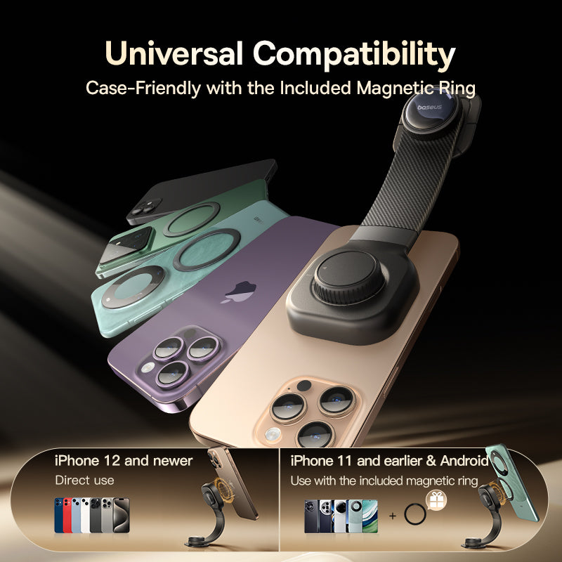 Smartphone holder with magnetic ring compatibility for various phone models on a dark background