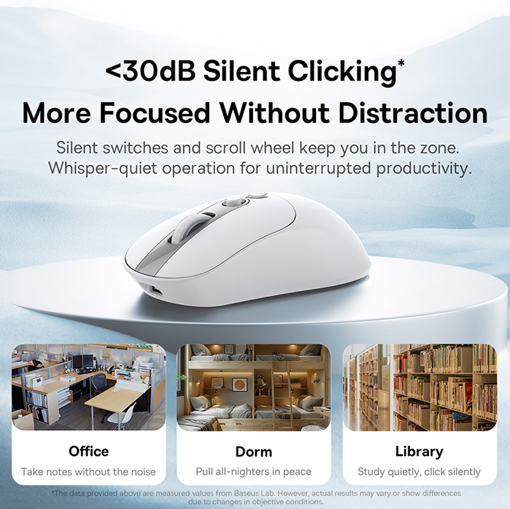 White computer mouse with text about silent clicking on a light blue background