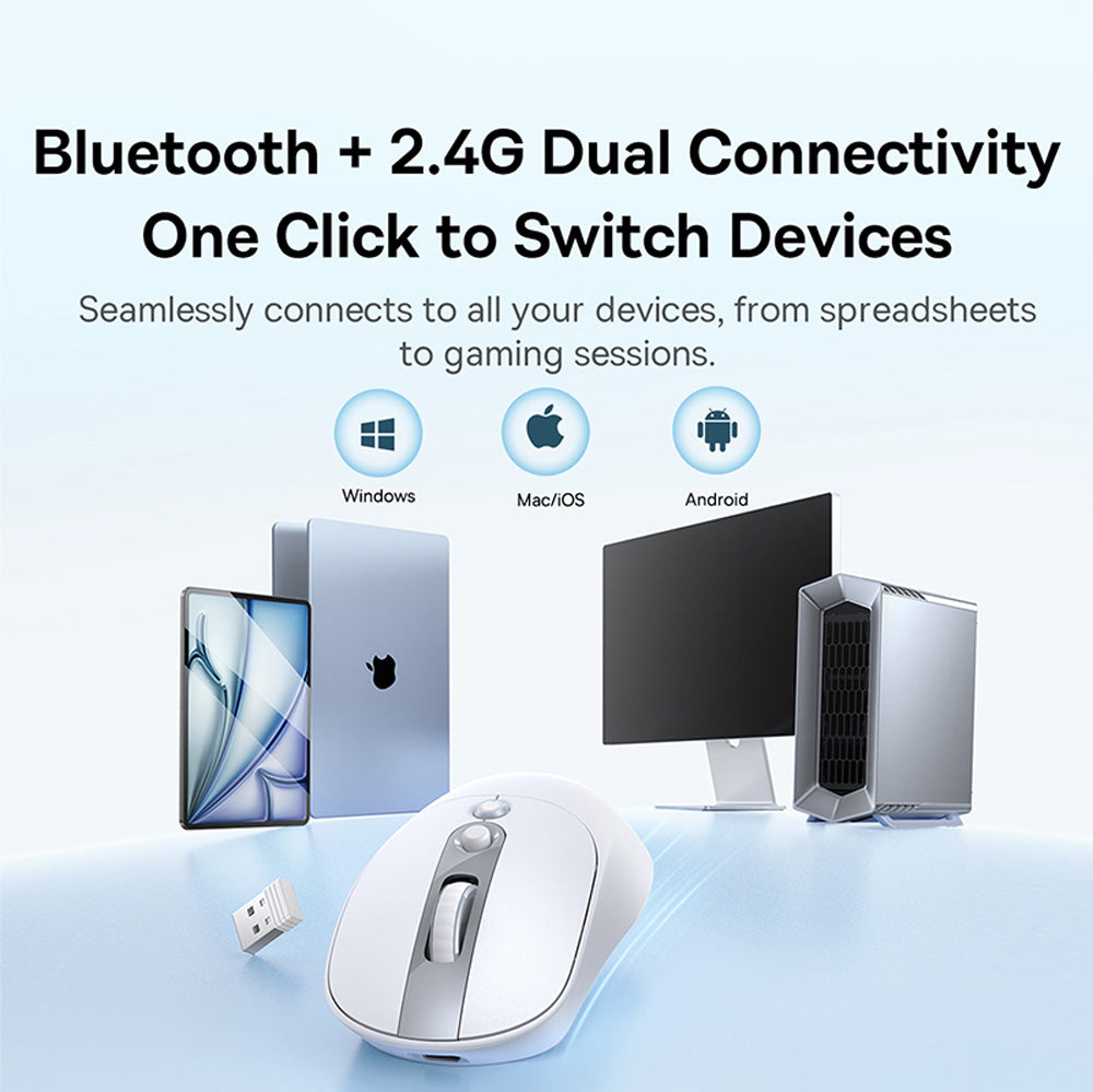 Wireless mouse with connectivity options for Windows, Mac, and Android devices on a light blue background.